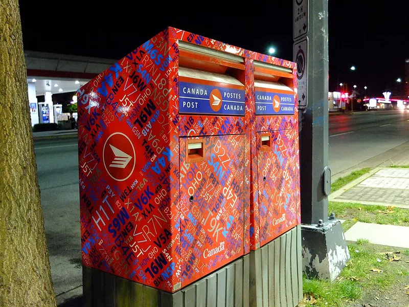 Buzones de correo canadienses de colores brillantes en la calle, representando la entrega diaria de contenido en tu bandeja de entrada