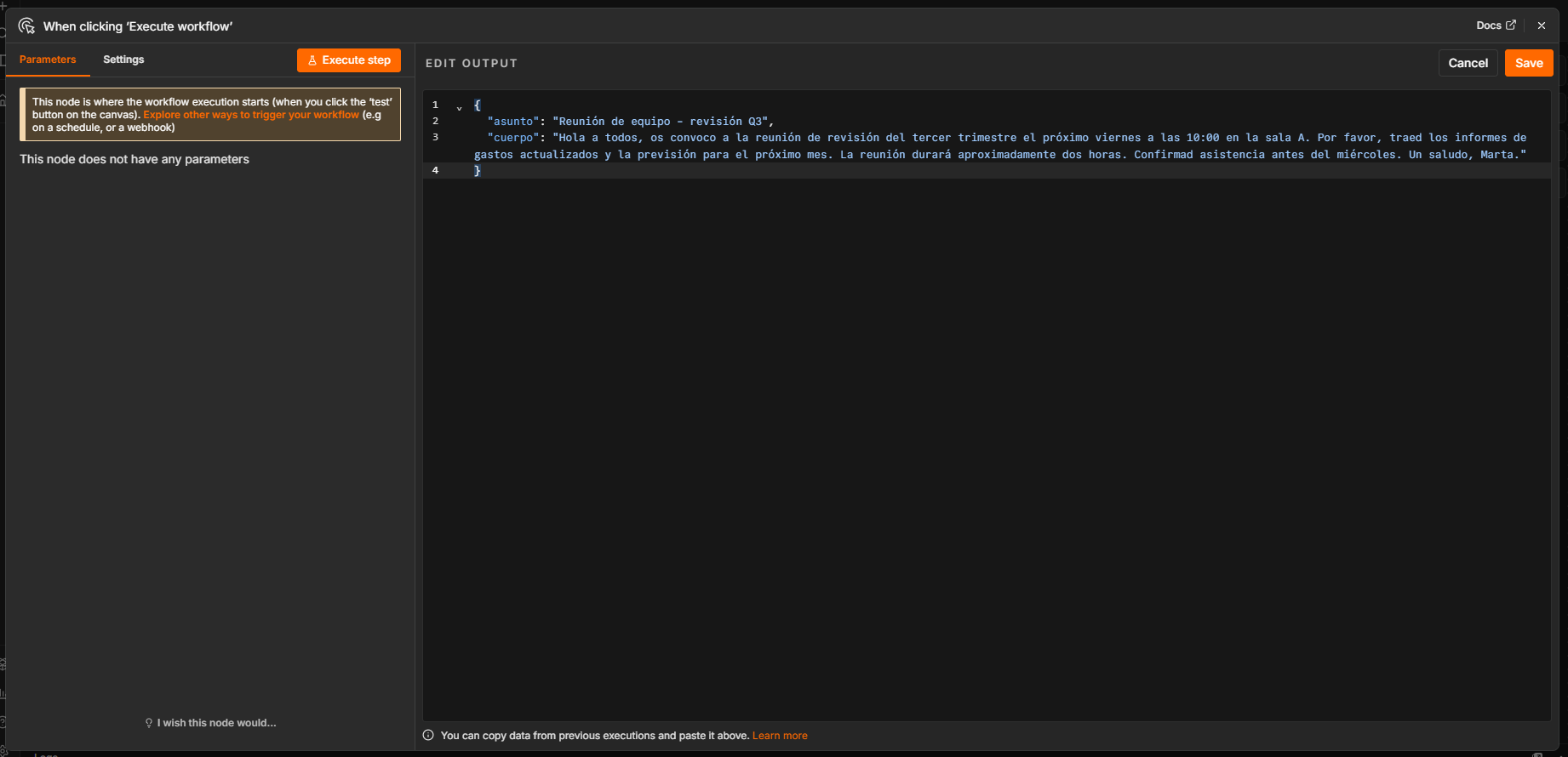 Captura de pantalla del nodo Manual Trigger con el JSON pegado