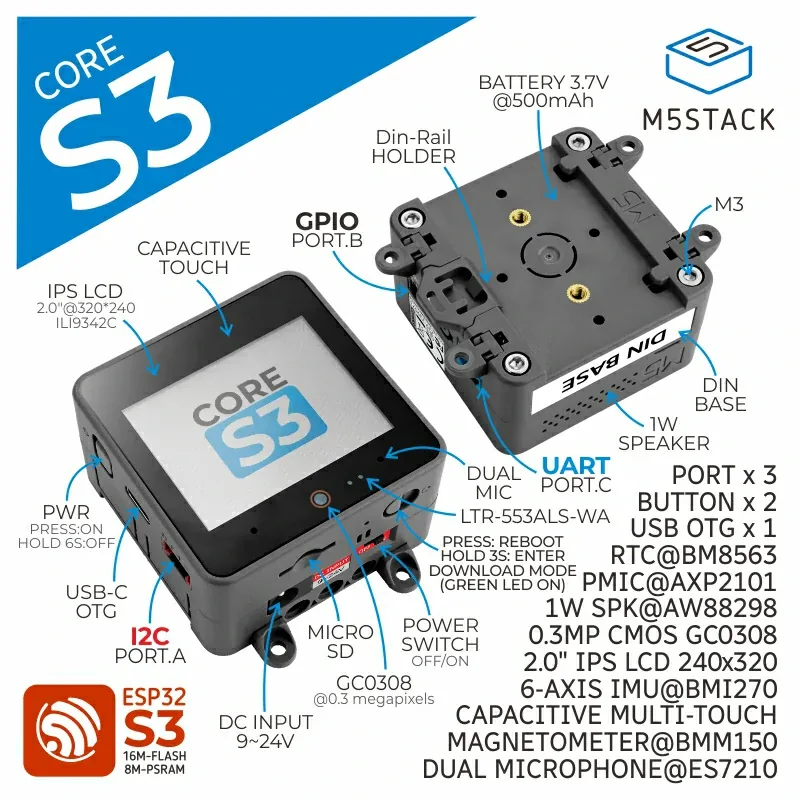 M5Stack CoreS3, módulo compacto con ESP32-S3, pantalla táctil, micrófono y altavoz
