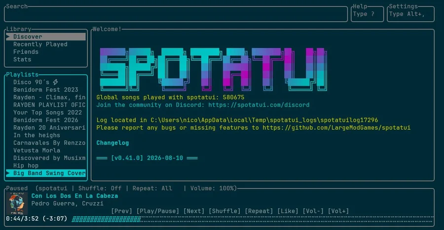 Captura de la interfaz TUI de spotatui en la terminal, con paneles de biblioteca, lista de canciones y controles de reproducción